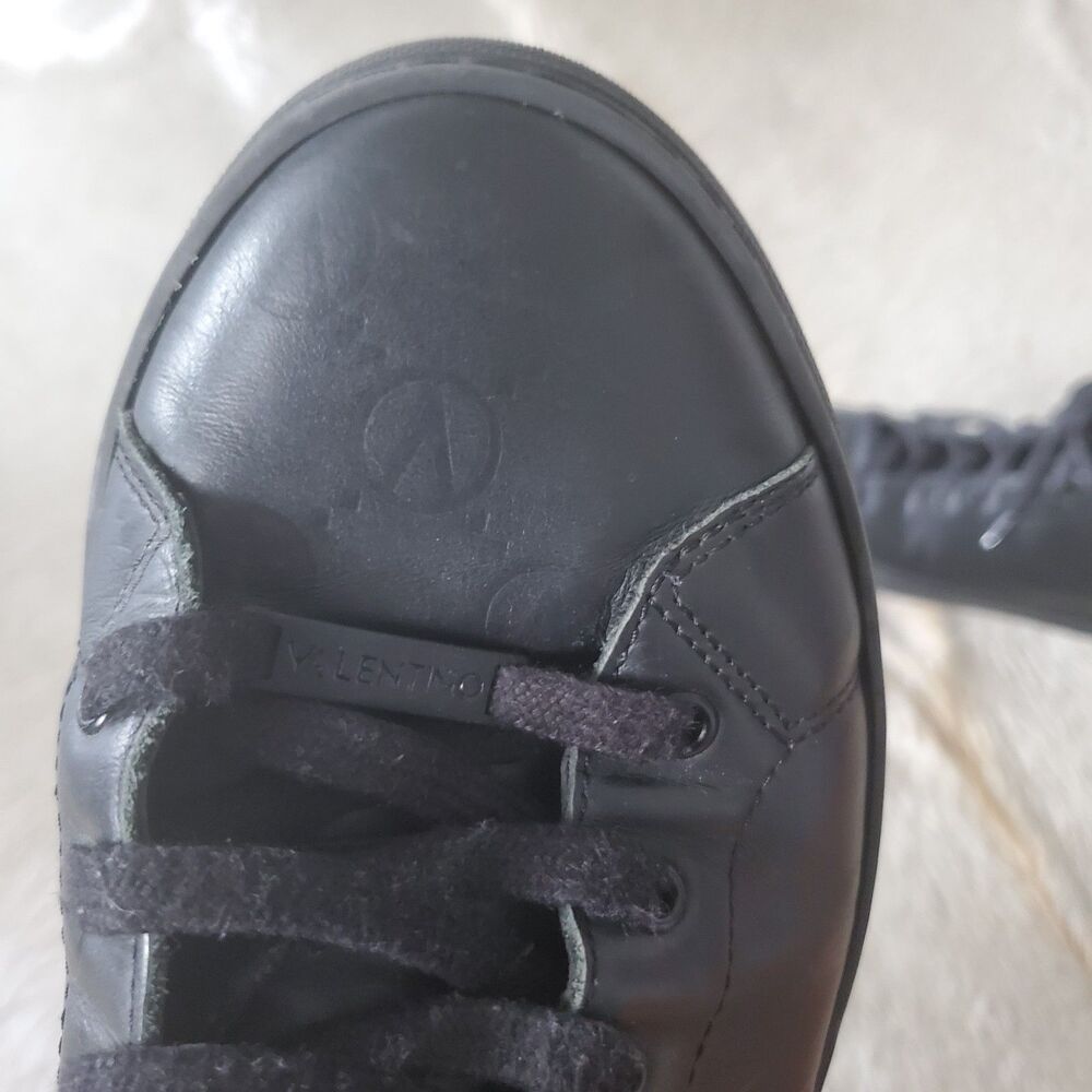 Valentino Men’s High Top Sneakers Size 10 Black Monogram Leather Lace Up Italian - Picture 10 of 16